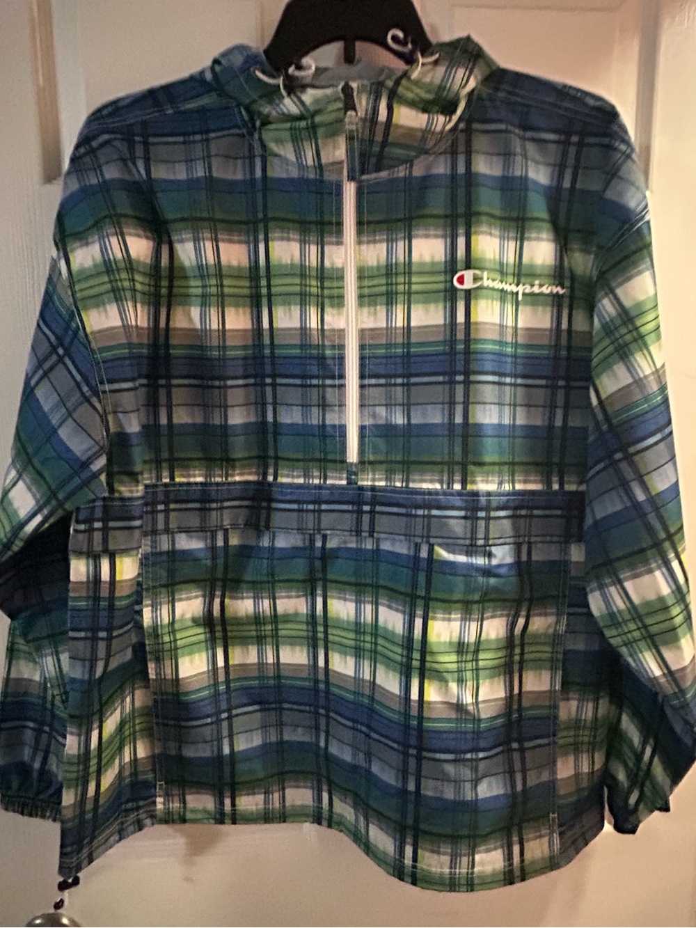 Champion Men's Windbreaker Jacket in Blue and Green Plaid